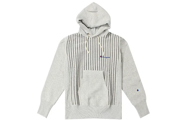 Champion Stripes Fleece Lined Embroidery Logo Winter Sweatshirt Unisex Gray