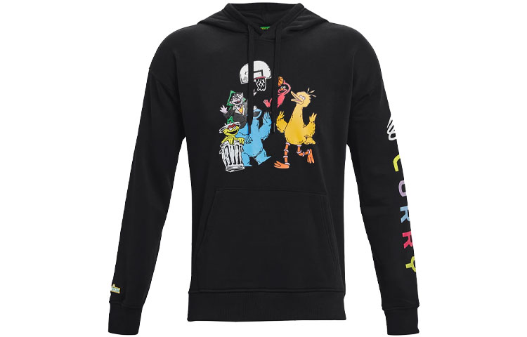 Under Armour Curry Series Curry x Sesame Street Joint Series Curry Sesame Street Cartoon Letter Pattern Fleece Warm Sports Fleece Hooded Sweatshirt Winter Men's Black