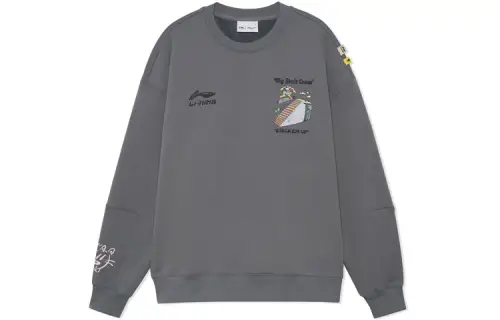 Li Ning Skateboard Fun Cartoon Print Thermal Fleece Lined Pullover Sweatshirt Unisex Gray Couple's