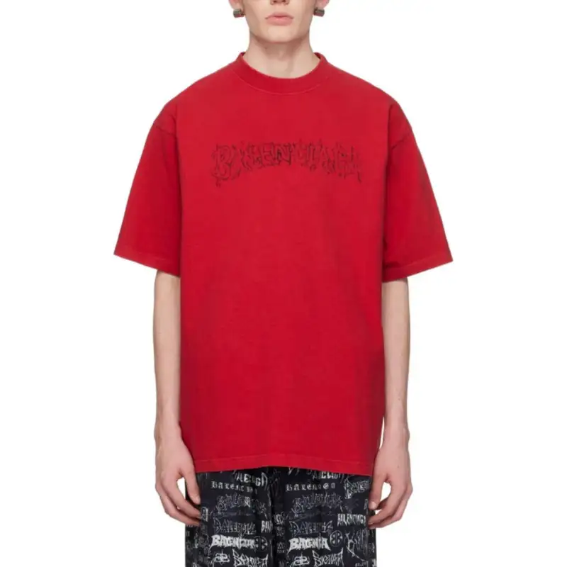 Balenciaga T Shirts Men's Red Crew Neck Moderate Straight Fit