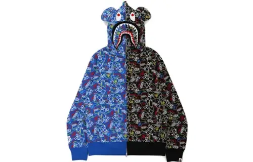 BAPE BE@RBRICK Camo x BE@R Shark Half Full Zip Hoodie Multi Collaboration Colorblock Camouflage Brick Bear Shark Head Full Zip Hoodie Jacket Autumn Men's Multicolor