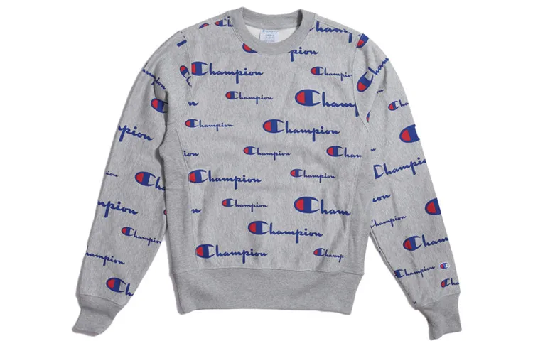 Champion All over Print Big Logo Fleece Lined, US Version Crew Neck, Winter Sweatshirt Unisex Gray