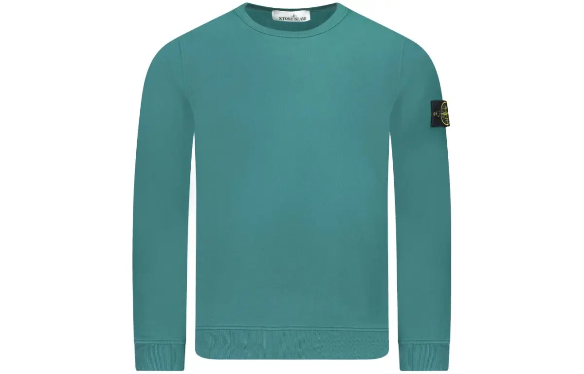 STONE ISLAND Solid Color Crew Neck Fitted Long Sleeved Fleece Lined Sweatshirt Men's Green