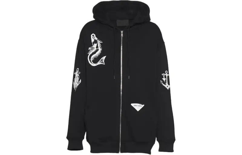 PRADA Sweatshirts Men's Black Hooded Moderate Cardigan