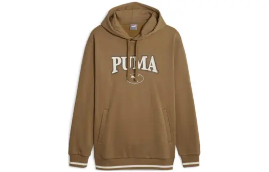 PUMA SQUAD HOODIE Letter Print Athleisure Fleece Lined Hooded Sweatshirt Men's Brown