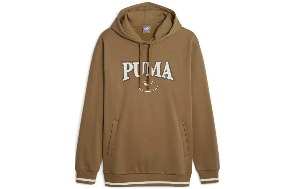 PUMA SQUAD HOODIE Letter Print Athleisure Fleece Lined Hooded Sweatshirt Men's Brown