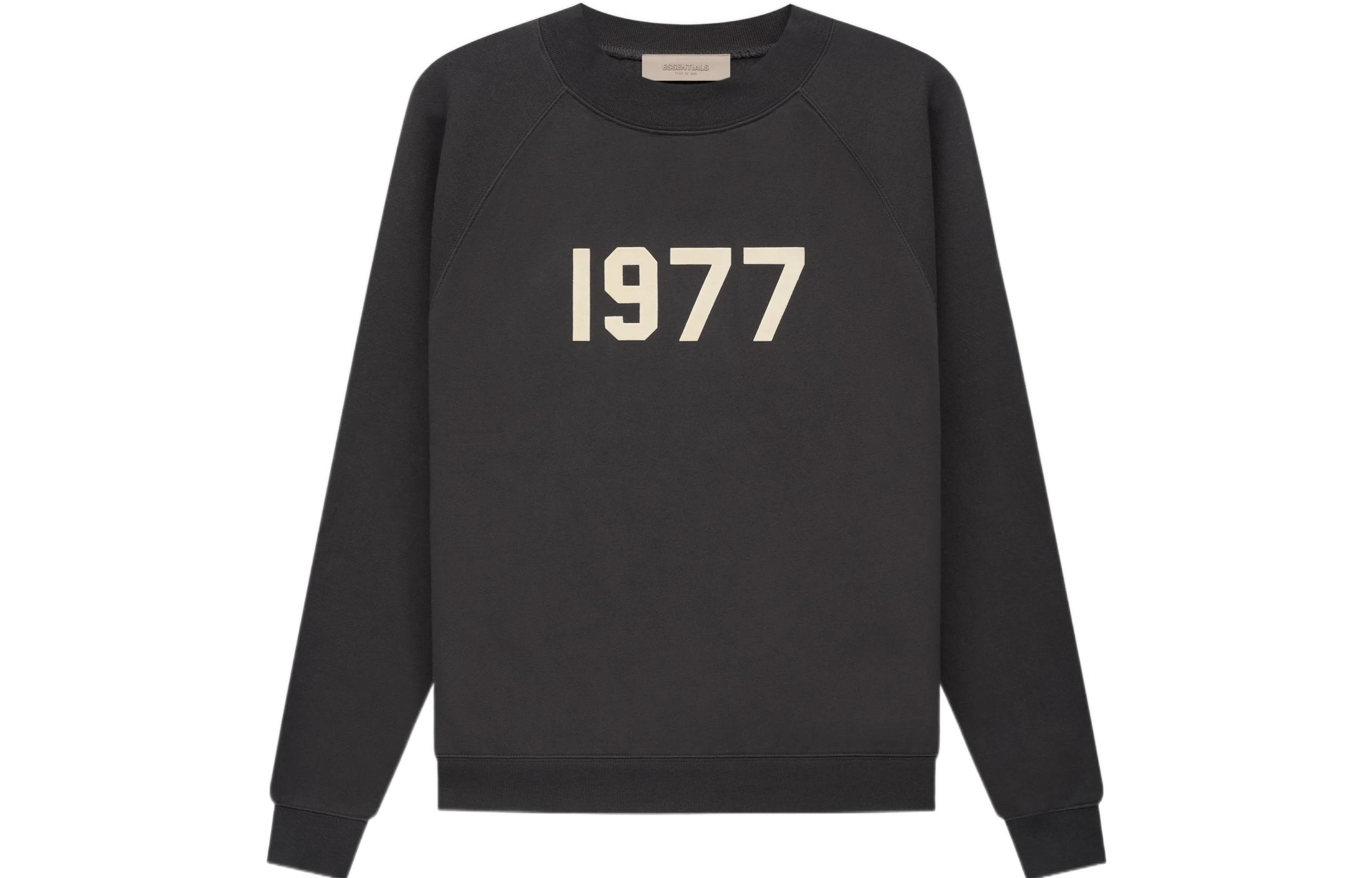 Fear of God Essentials 1977 Series SS22 Crewneck Iron Digital Flocking Logo Pullover Round Neck Plus Velvet American Heavyweight Sweatshirt Men's Black Iron