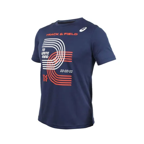 ASICS T Shirts Men's Navy Blue Crew Neck Moderate Straight Fit