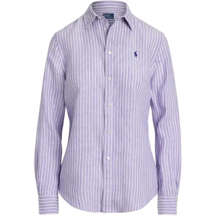 Polo Ralph Lauren SS25 long-sleeved striped linen shirt women's purple