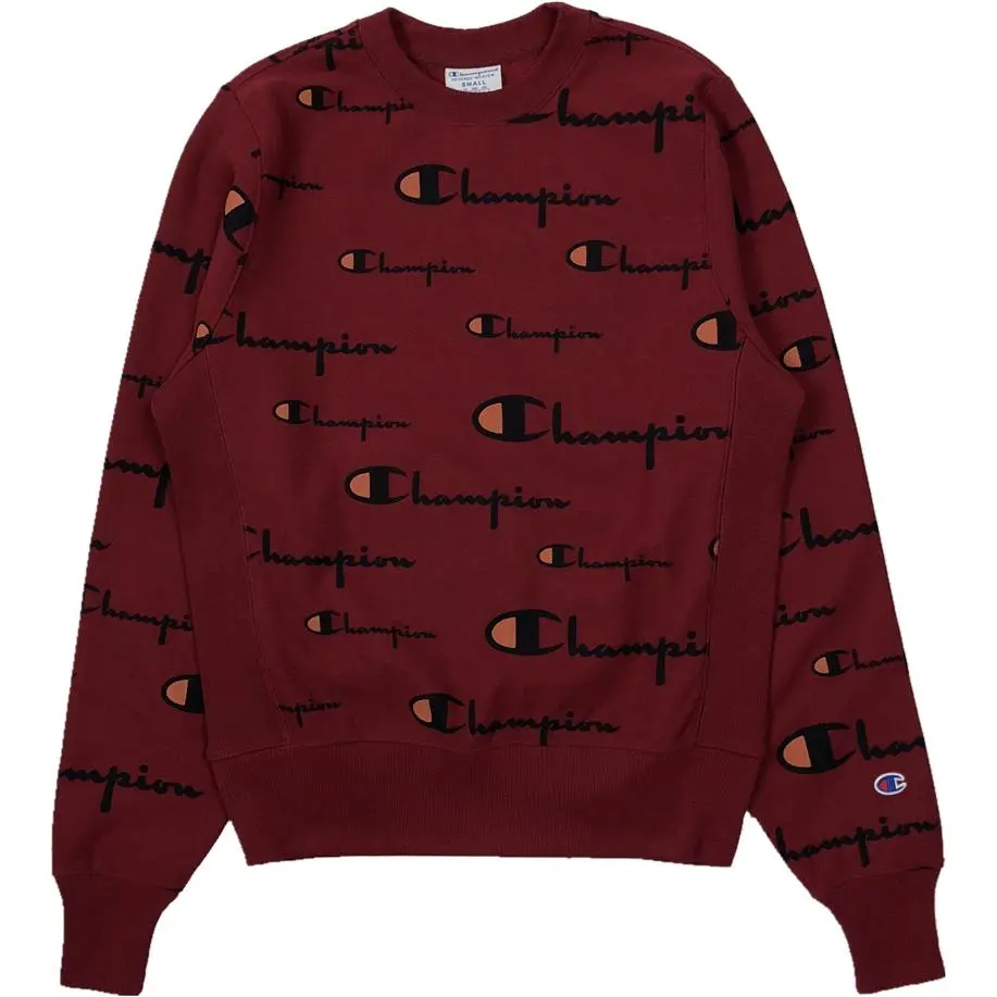 Champion Italic Script Logo Print All Over Print Fleece Lined, US Version, Winter Sweatshirt Unisex Cherry Red