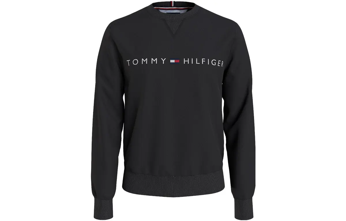 Tommy Hilfiger Solid Color Fleece Lined Letter Print Pullover Straight Fit Crew Neck Fall Winter Sweatshirt Men's Black