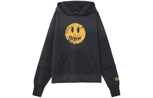 Drew House Smiley Collection Distressed Washed Crackle Long Sleeved Hooded Fleece Lined Sweatshirt Unisex Black