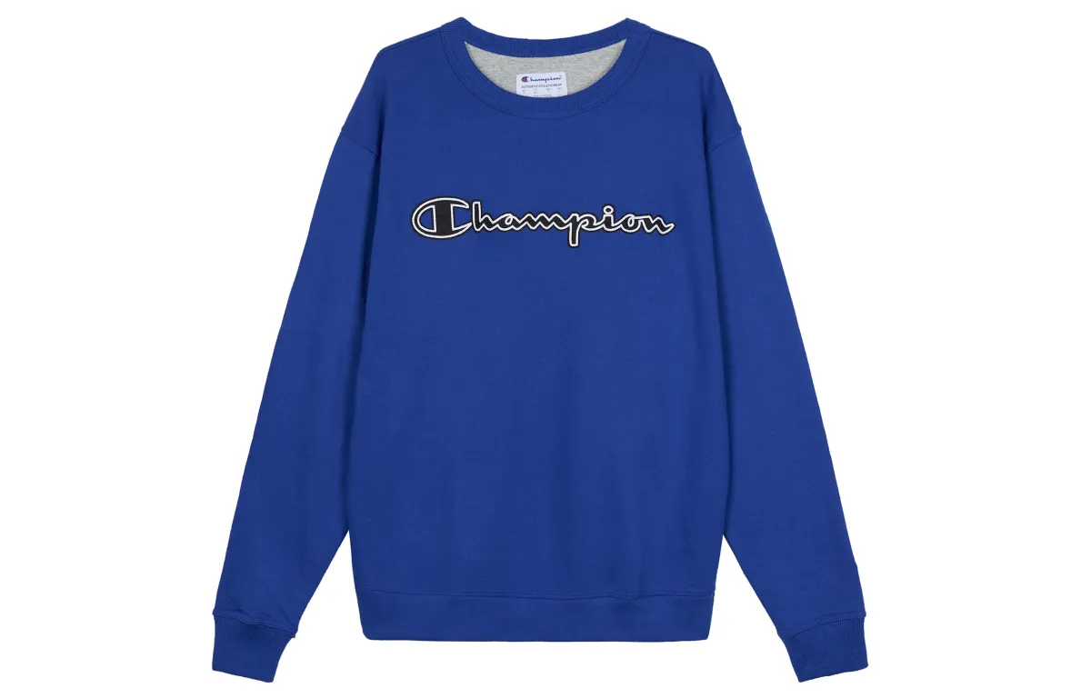 Champion Grass Script Logo, Felt Applique, Fleece Lined, Long Sleeved Sweatshirt US Version Unisex Royal Blue Couple's