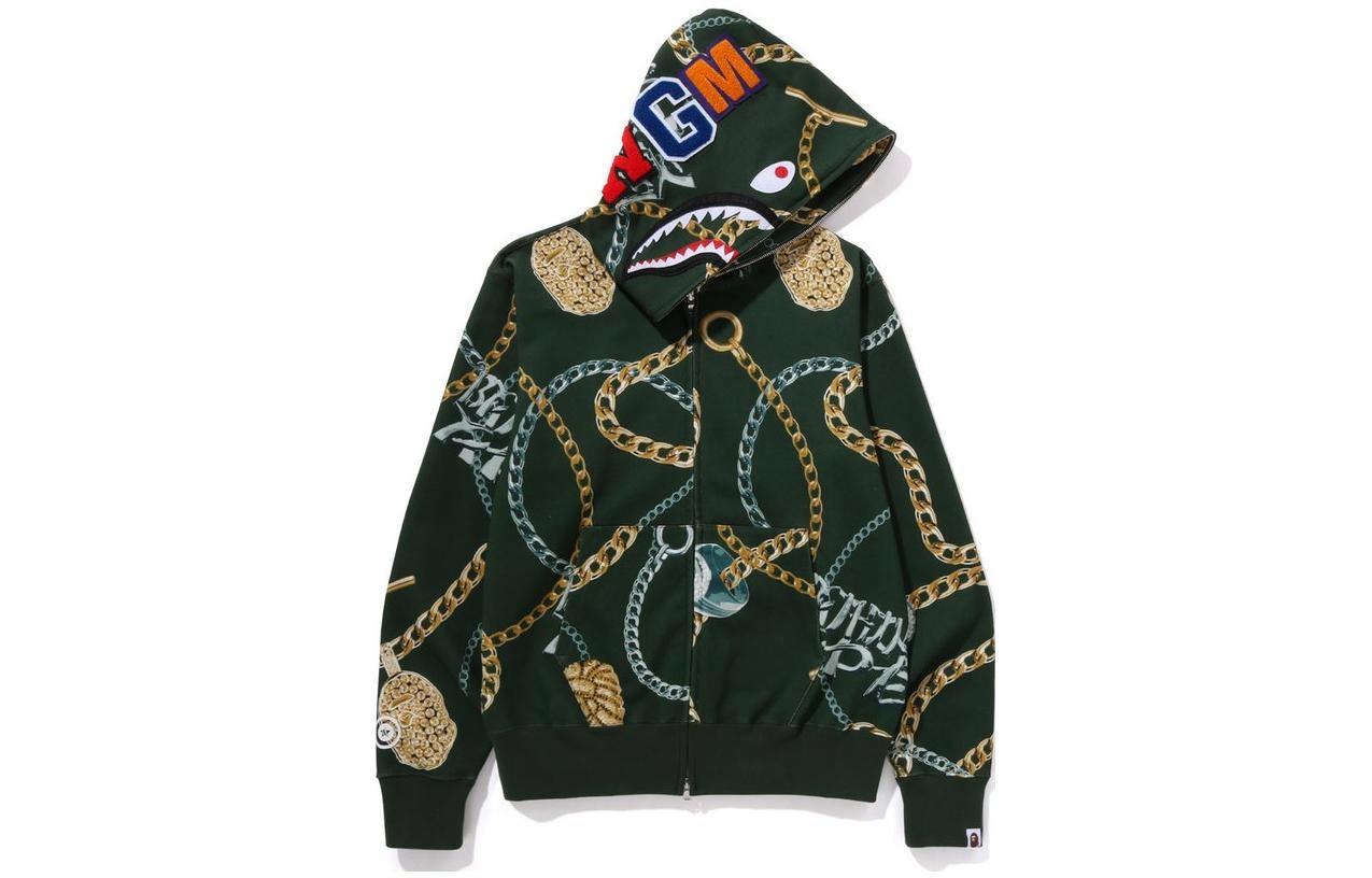 Мужское худи A BATHING APE Shark Full Zip (серое с принтом)