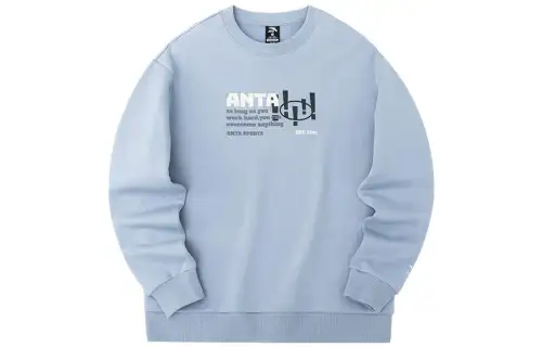 Anta Life Collection Letter Print Pullover Fleece Lined Long Sleeved Sweatshirt Unisex Light Blue