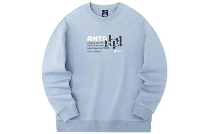 Anta Life Collection Letter Print Pullover Fleece Lined Long Sleeved Sweatshirt Unisex Light Blue