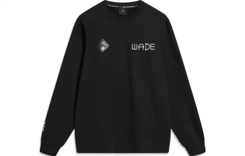 Li Ning Wade Collection Print Letter Crew Neck Pullover Fleece Lined Sweatshirt Unisex Black