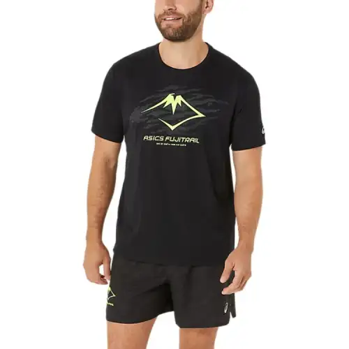 Asics FUJITRAIL T Shirt Men's Black/Stone Ink Gray/Yellow