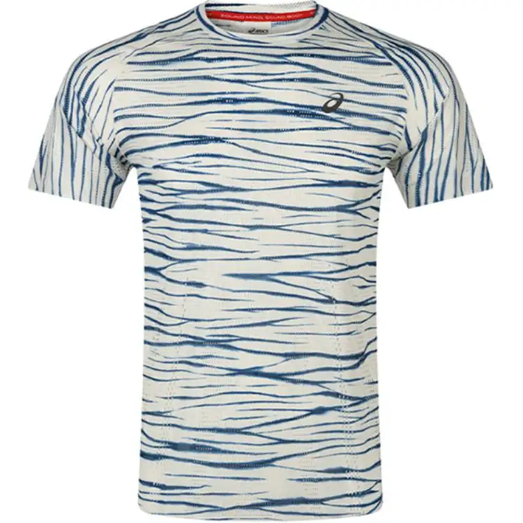 ASICS T Shirts Men's Beige/Blue Crew Neck Moderate Straight Fit