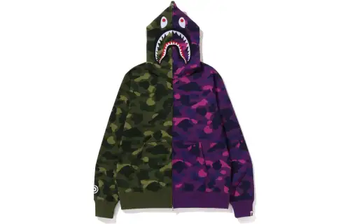 A BATHING APE Bape FW22 Color Camo Shark Full Zip Hoodie Color block camouflage shark print full zip hooded long-sleeved sweatshirt for men