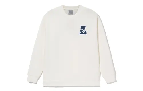Li Ning Sports Fashion Collection Fleece Lined Thermal Pullover Letter Sweatshirt Unisex Ivory Couple's