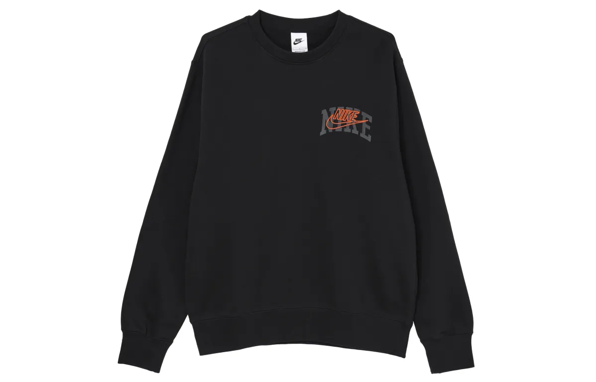 Nike Club Fleece Letter Logo Embroidery Crew Neck Fleece Lined Sweatshirt Men's Black