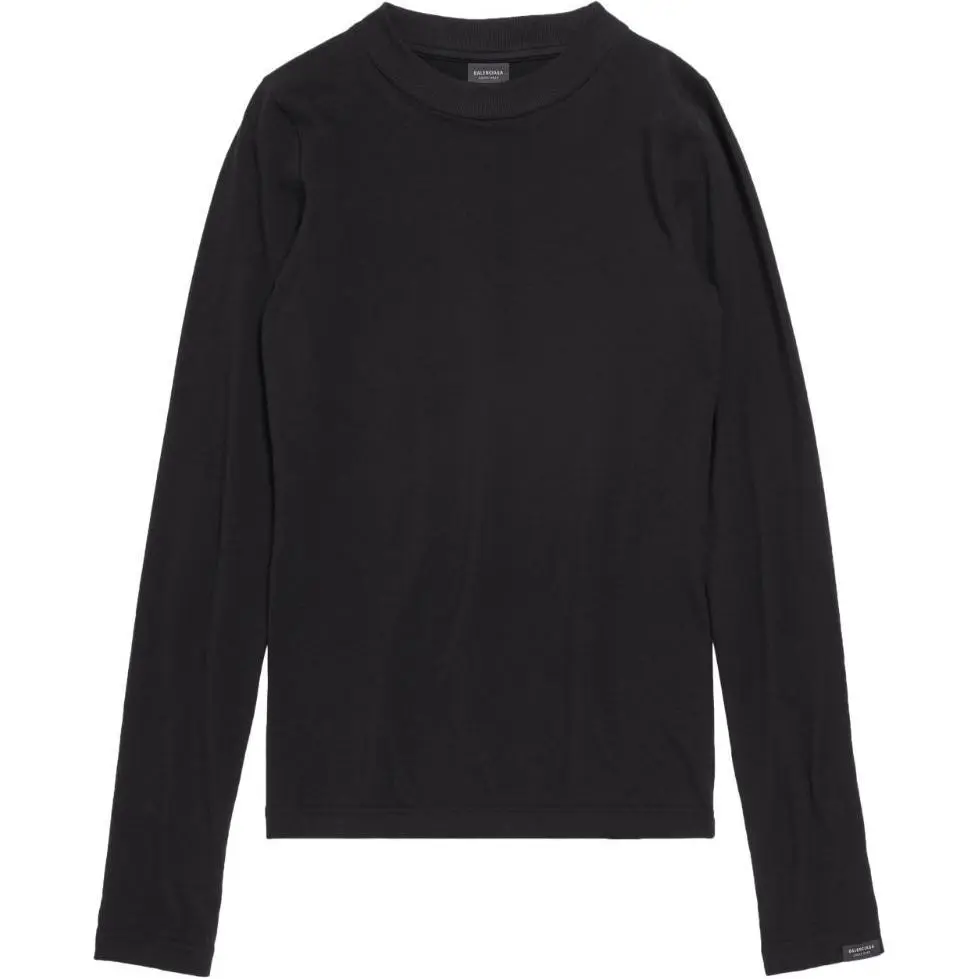 Balenciaga Solid Color Logo Patch Long Sleeved SS24 T Shirt Regular Fit Men's Black