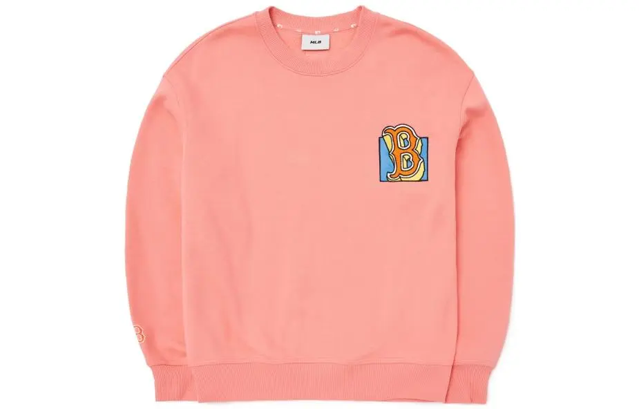 MLB Boston Red Sox Logo Patterned Print Crew Neck Pullover Fleece Lined Sweatshirt Unisex Orange Pink