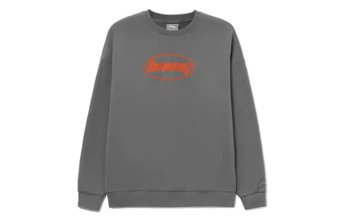 Li Ning Sports Fashion Collection Letter Print Fleece Lined Thermal Pullover Sweatshirt Unisex Shade 9 Gray