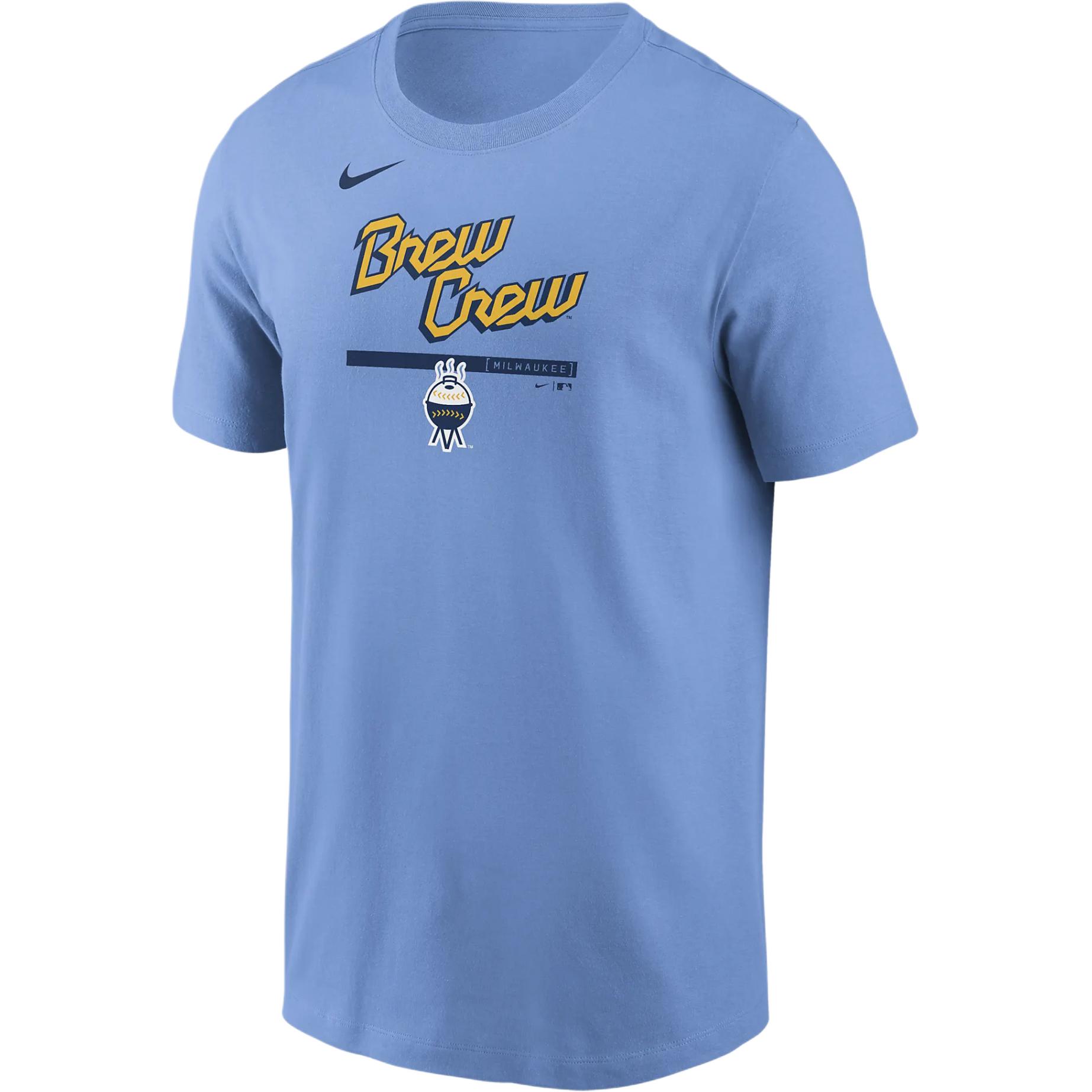Nike X MLB joint logo logo letter print cartoon animation pattern round neck short-sleeved T-shirt Milwaukee Brewers Men's Light Blue