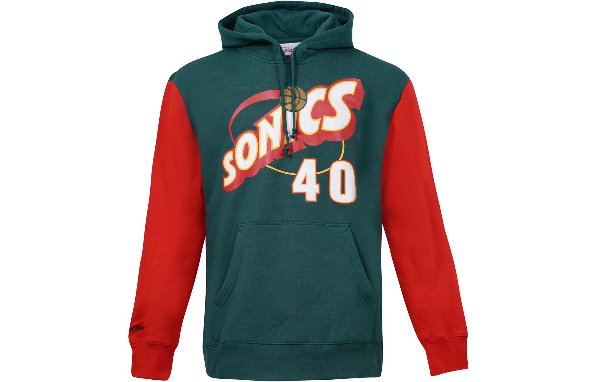 Mitchell & Ness Letter Print Color Block Casual Hooded Long Sleeve Sweatshirt Oklahoma City Thunder Shawn Kemp No. 40 Unisex Thunder Green Red