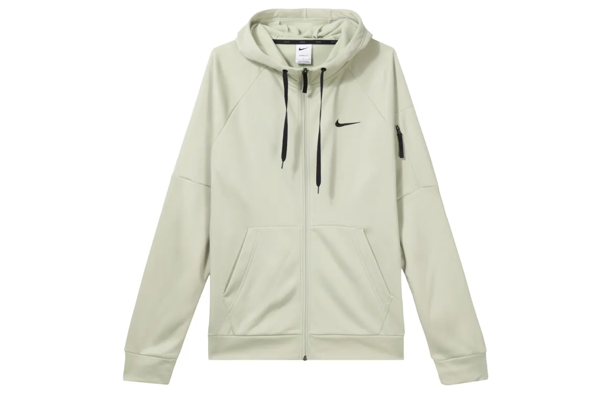Nike Therma FIT Solid Color Hooded Fleece Lined Zipper Casual Long Sleeved Cardigan Sweatshirt Men's Light Olive Green