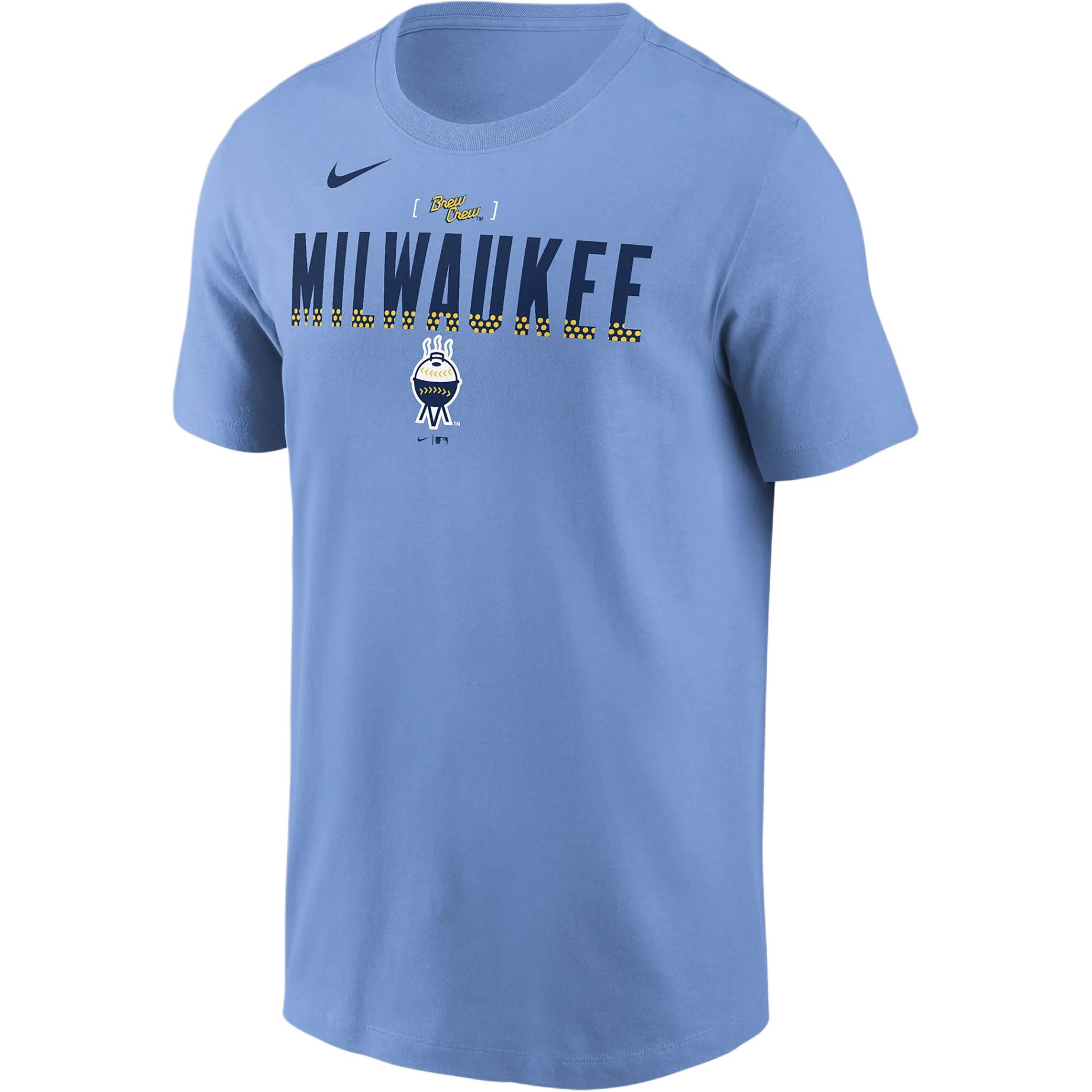 Nike X MLB joint logo logo letter print pattern cartoon animation round neck short-sleeved T-shirt Milwaukee Brewers Men's Light Blue