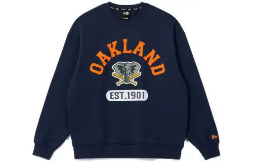 New Era X MLB joint model FW23 pullover Cooperstown Oakland Athletics round neck logo letter print casual long-sleeved sweatshirt, same style for men and women, navy blue