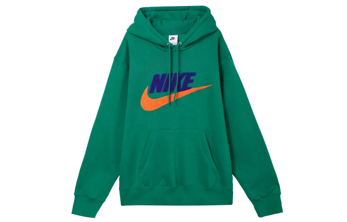 Nike Club Fleece Letter Logo Print Long Sleeved Fleece Lined Hooded American Vintage Sweatshirt Men's Peacock Green