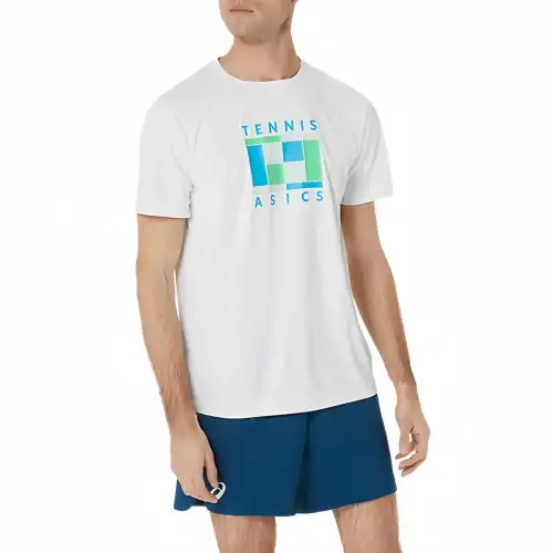 ASICS GS T Shirts Men's White Crew Neck Moderate Straight Fit