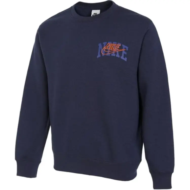 Nike Club Fleece Letter Logo Embroidery Crew Neck Fleece Lined Sweatshirt Men's Dark Navy Blue