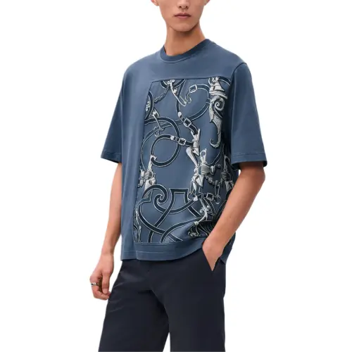 HERMES T Shirts Men's Blue Crew Neck Moderate Straight Fit