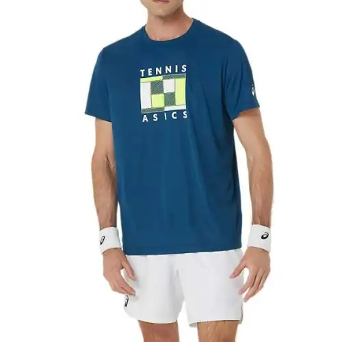 ASICS GS T Shirts Men's Blue Crew Neck Moderate Straight Fit
