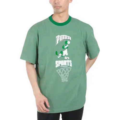 PUMA T Shirts Men's Green Crew Neck Moderate Straight Fit