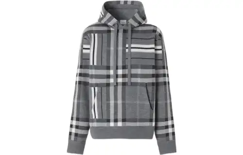 Burberry FW22 Check And Stripe Wool Blend Jacquard Hoodie Dark Grey Melange