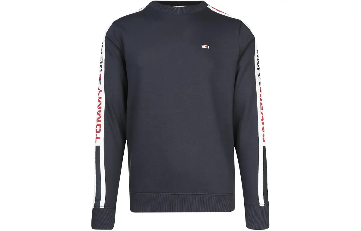Tommy Hilfiger Letter Crew Neck Fleece Lined Long Sleeved Sweatshirt Men's Navy Blue