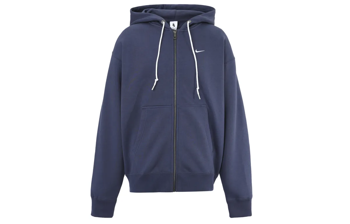 Nike Solo Swoosh Solid Color Hooded Cardigan With Zipper And Fleece Lining, Drawstring Waist Casual Coat Sweatshirt