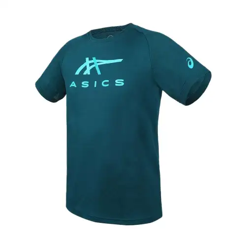 ASICS T Shirts Men's Dark Green Crew Neck Moderate Straight Fit