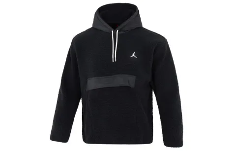 Jordan Jumpman Color Block Drawstring Faux Sherpa Fabric Patchwork Fleece Lined Hooded Sweatshirt Men's Black