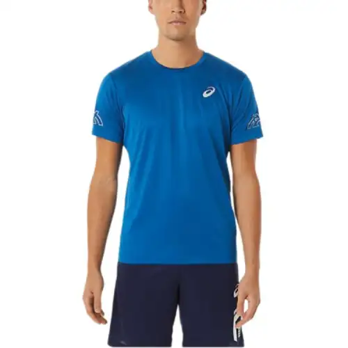 ASICS T Shirts Men's Dark Blue Crew Neck Moderate