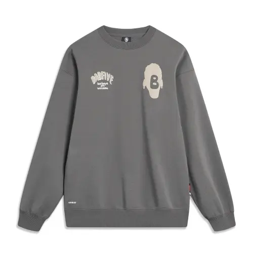 Li Ning Badfive Letter 3D Effect Print Loose Fit Fleece Lined Thermal Pullover Sweatshirt Unisex Road Gray