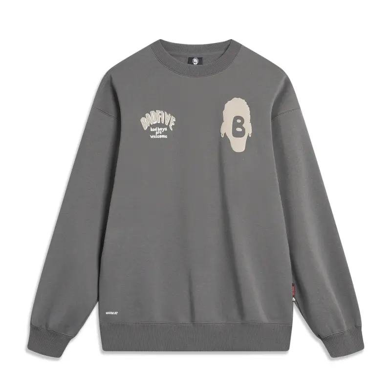 Li Ning Badfive Letter 3D Effect Print Loose Fit Fleece Lined Thermal Pullover Sweatshirt Unisex Road Gray