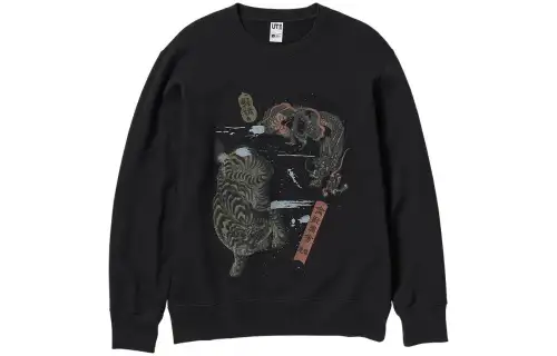 UNIQLO Sweatshirts Men's Black Crew Neck Moderate Regular