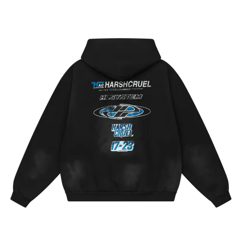HARSH AND CRUEL Sweatshirts Unisex Washed Black Hooded Moderate Regular